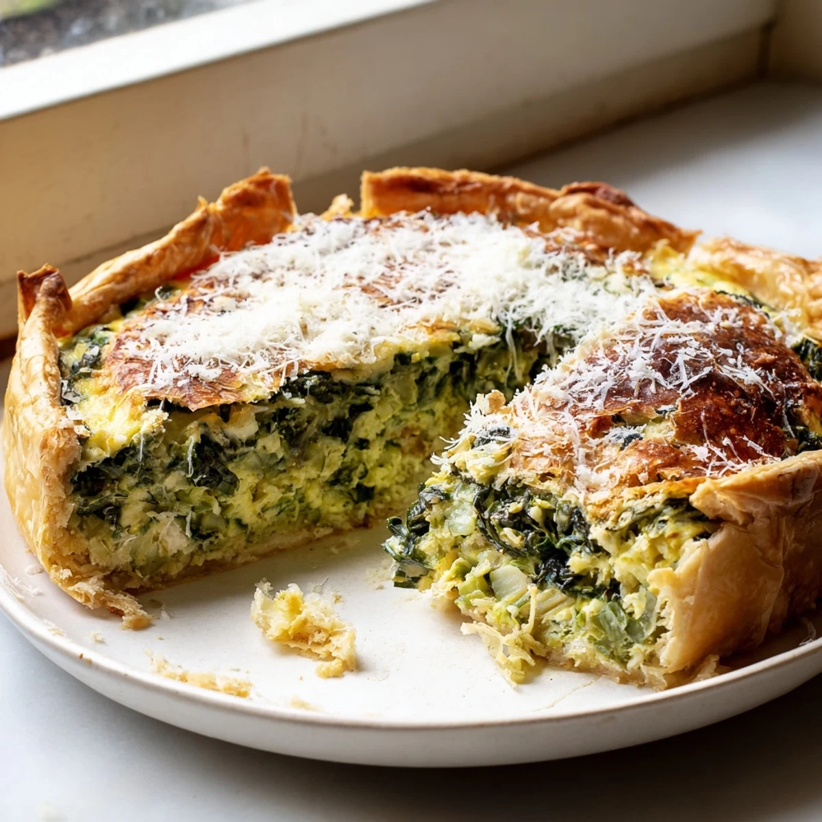 Golden slices of egg pie with silverbeet and ricotta on a rustic cutting board, served warm for brunch