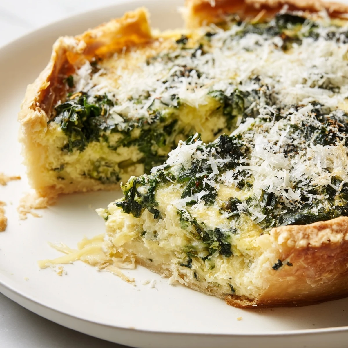 Savory egg pie with silverbeet and ricotta featuring a golden buttery crust and creamy spinach-like filling