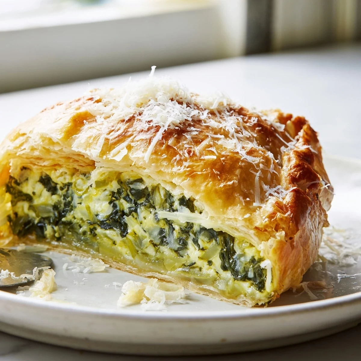Whole egg pie with silverbeet and ricotta sprinkled with parmesan, fresh from the oven with tender greens