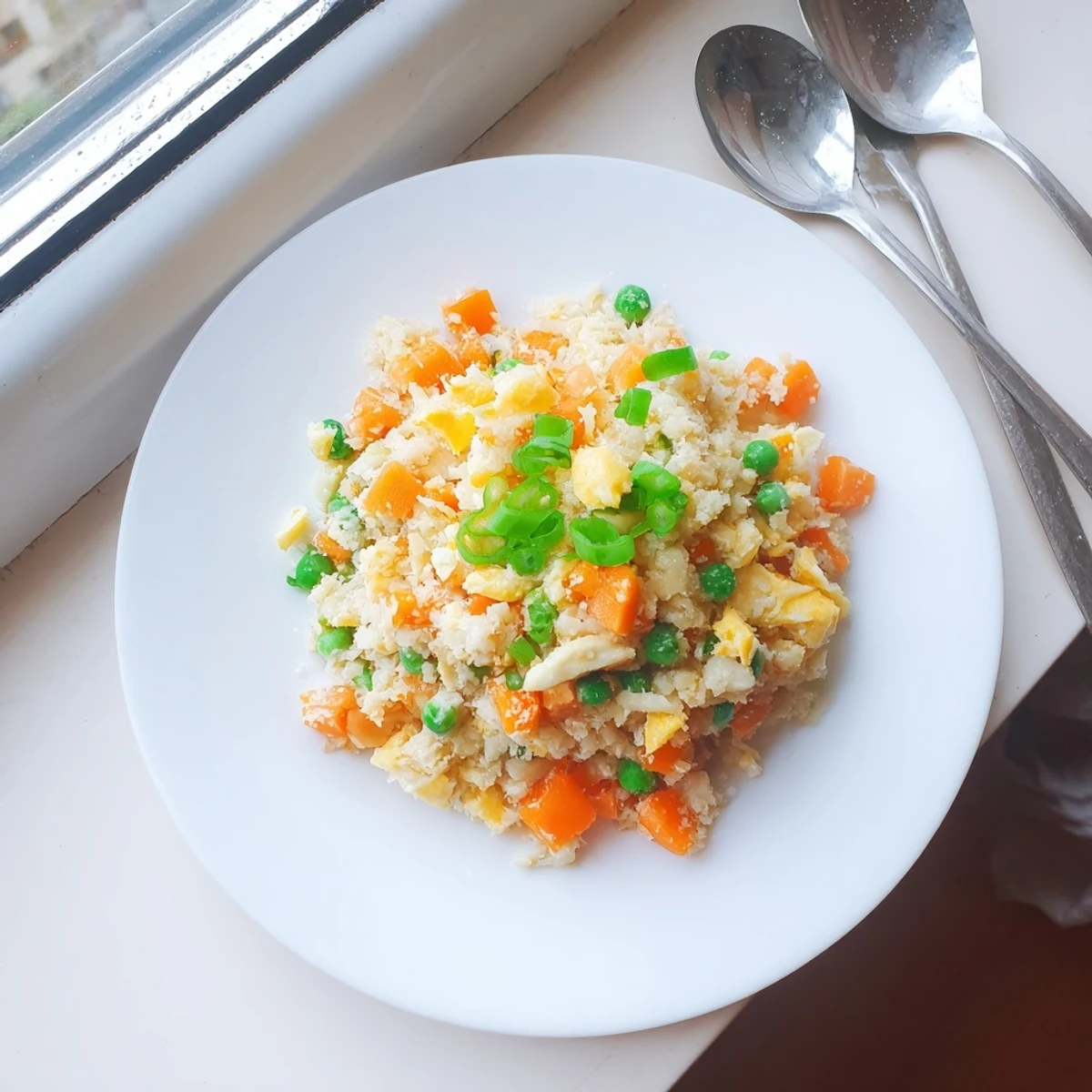 Golden cauliflower fried rice in a white bowl topped with green onion garnish and scattered peas