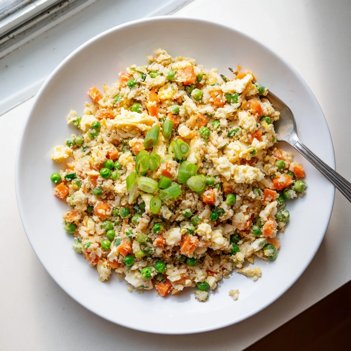Close-up of vegetable-packed cauliflower fried rice being scooped from a dark wok with a wooden spoon