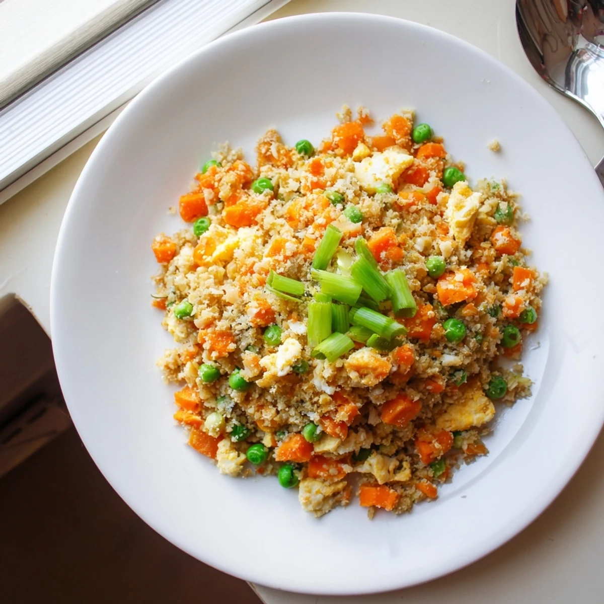 Asian-style cauliflower fried rice with fluffy scrambled eggs, diced carrots, and vibrant spring onions