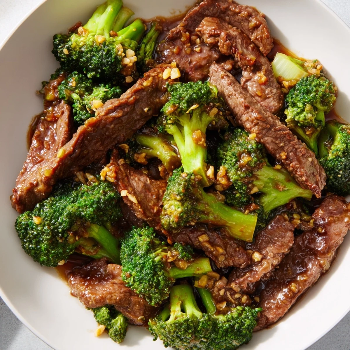 Classic beef and broccoli stir-fry steaming in a white bowl garnished with fresh sesame seeds