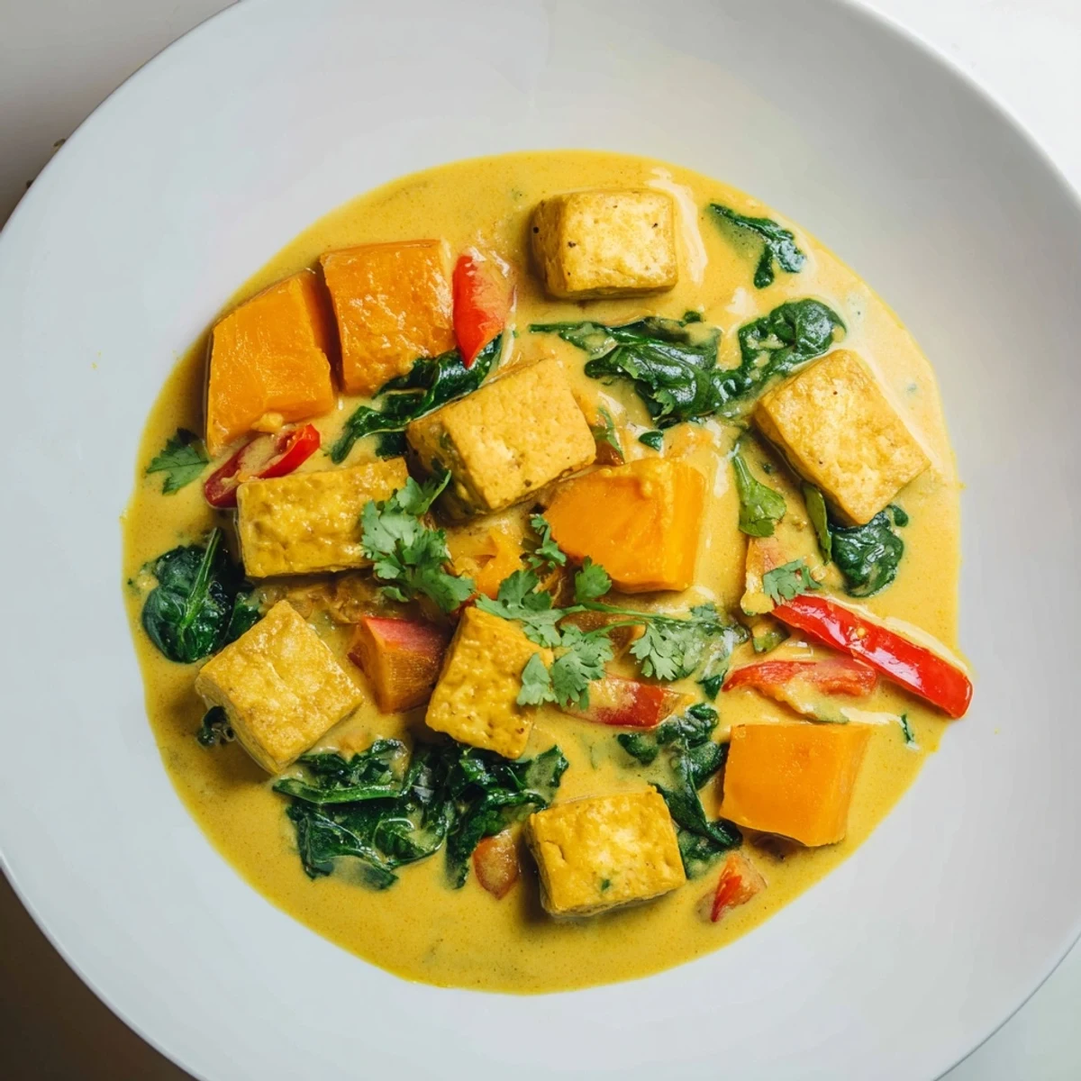 Creamy vegetarian pumpkin tofu curry with golden tofu cubes in spiced coconut sauce
