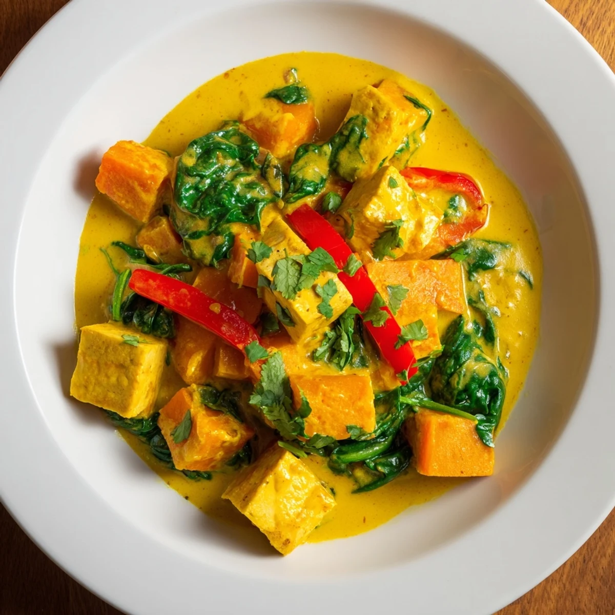 Fragrant Indian-style pumpkin curry with crispy pan-fried tofu and fresh cilantro garnish