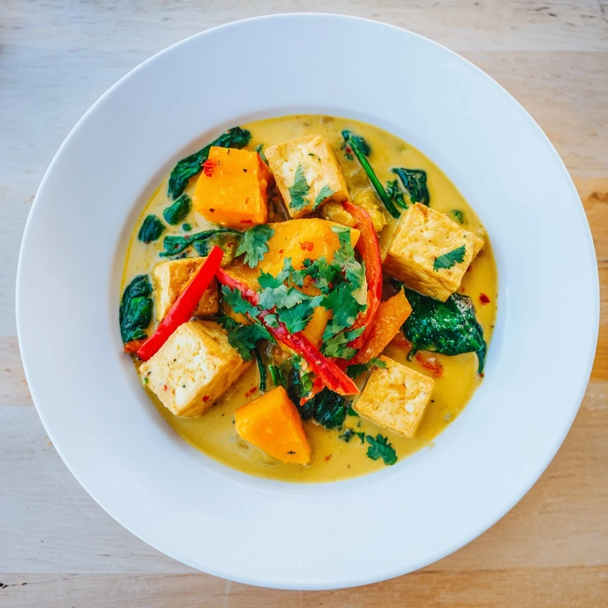 Cozy vegetarian tofu pumpkin curry simmered with tender vegetables in aromatic spices