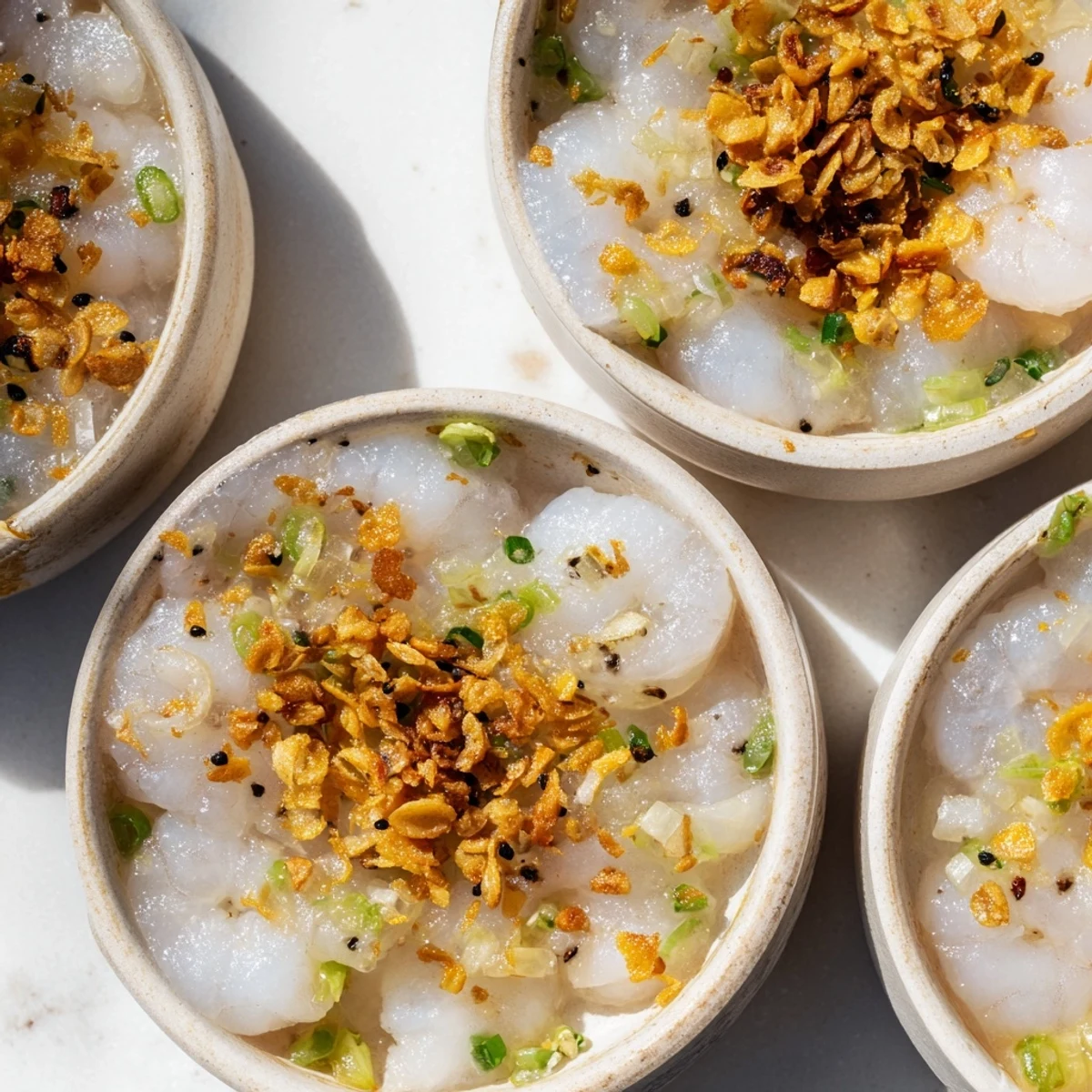 Golden steamed Banh Beo topped with savory dried shrimp and fragrant scallion oil