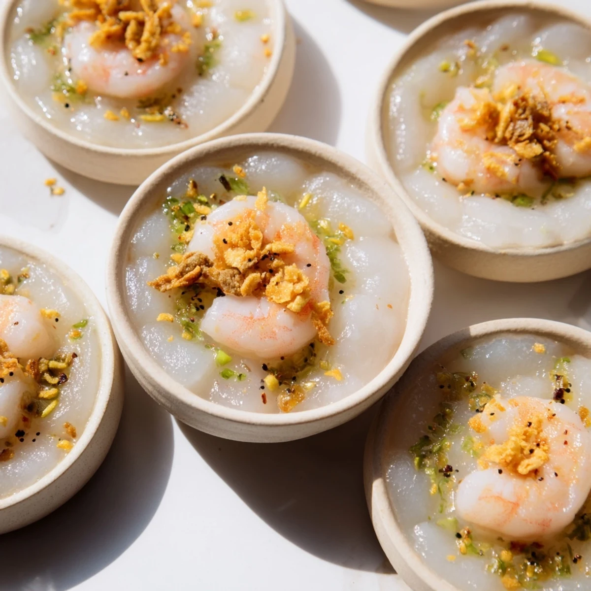 Traditional Banh Beo appetizer featuring translucent rice cakes with seasoned shrimp topping