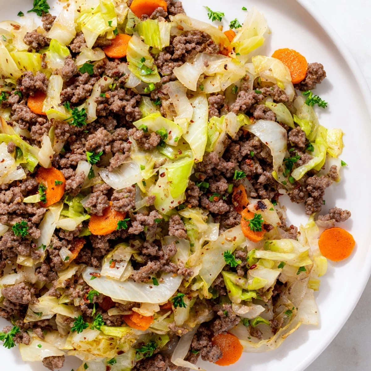 Savory Irish ground beef and cabbage skillet with tender vegetables and fresh parsley garnish