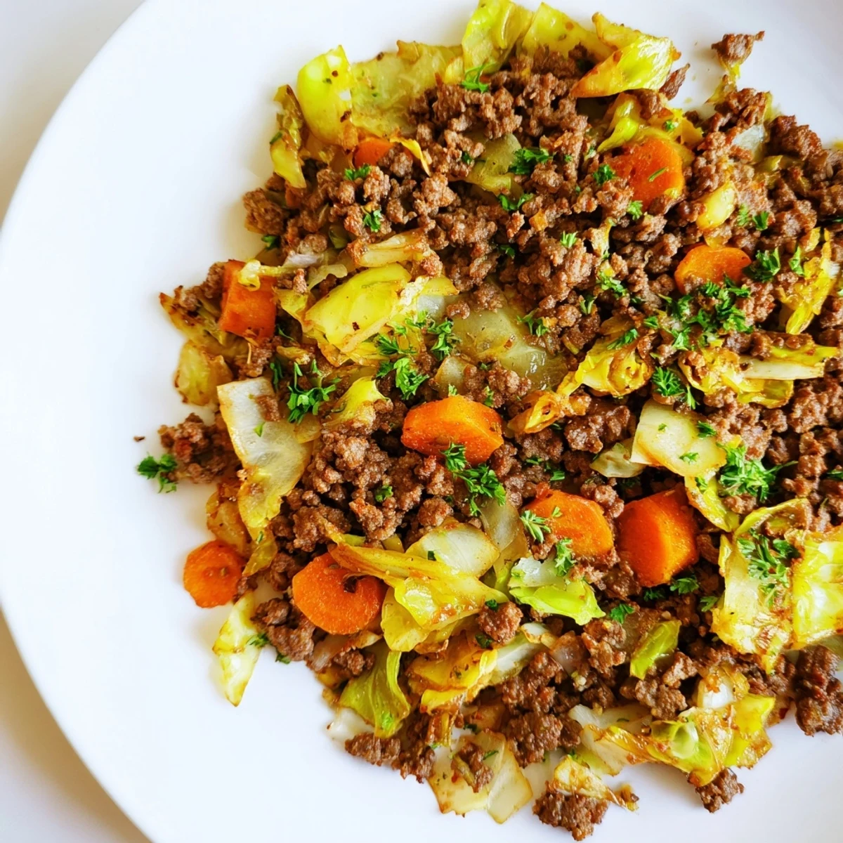 Hearty ground beef and cabbage simmered in a cast iron skillet with carrots and onions