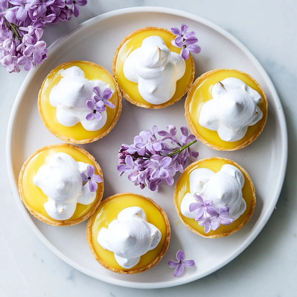 Mini lemon tart with lilac meringue featuring golden crisp shell filled with bright yellow citrus curd
