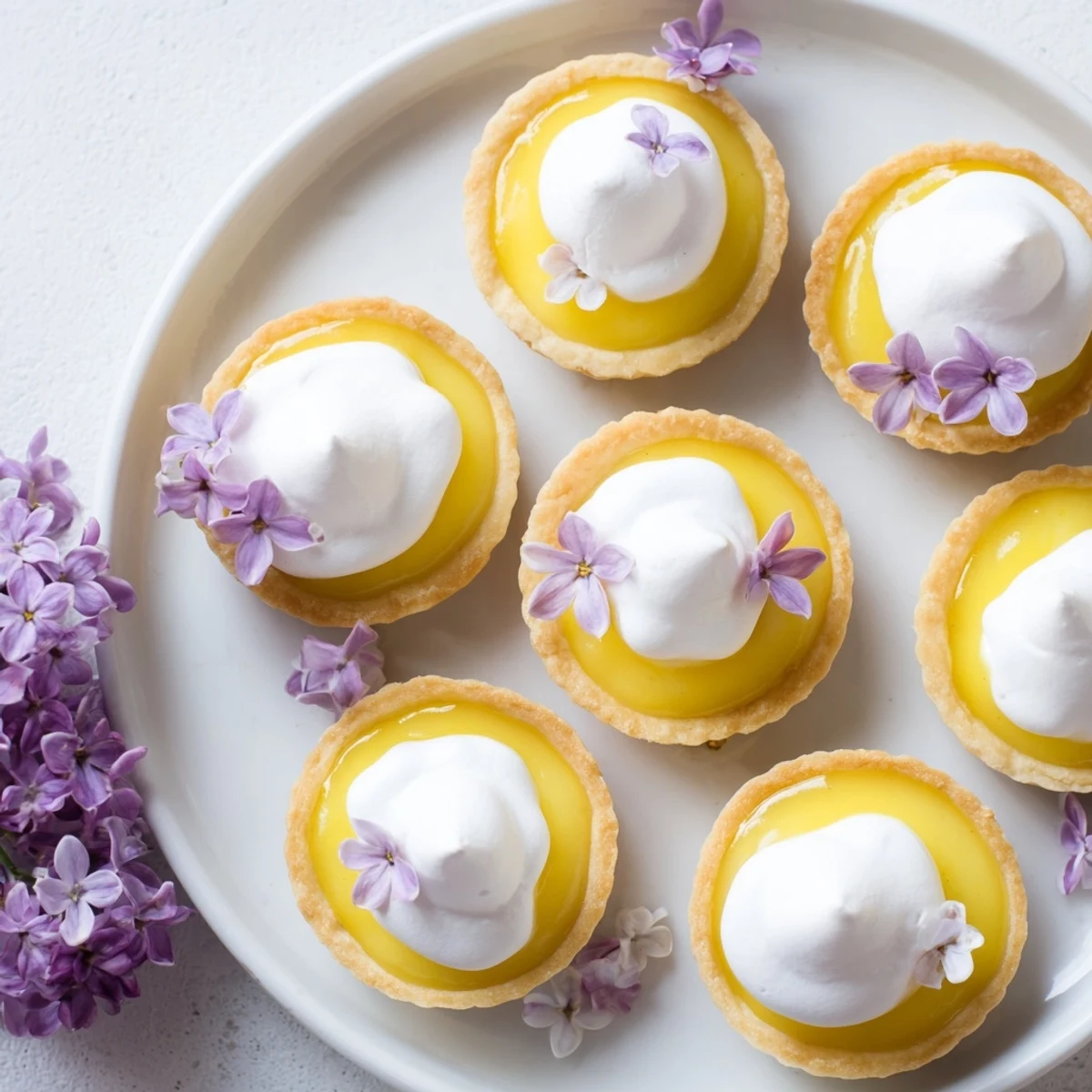 French-inspired mini lemon tart with lilac meringue served on white plate with delicate floral garnish