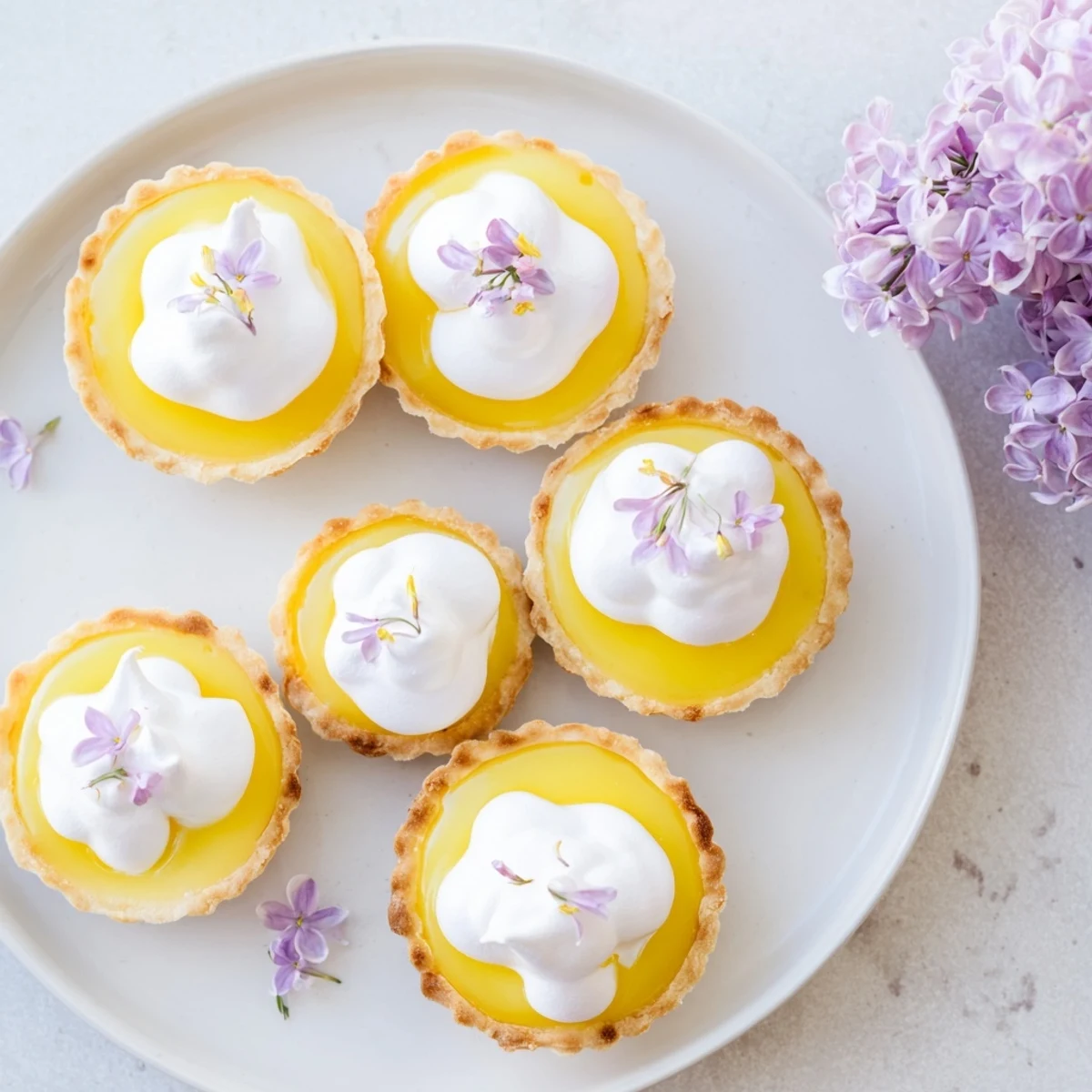 Golden mini lemon tart with lilac meringue topped with fluffy torched peaks and fresh edible flowers