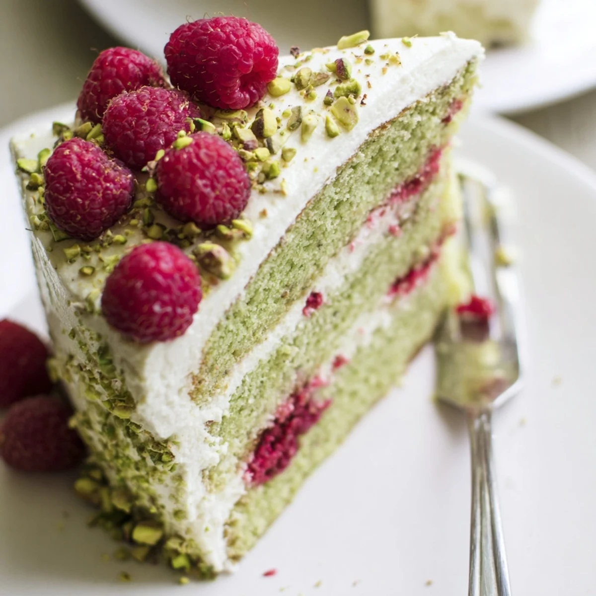 Fluffy pistachio raspberry cake layered with creamy white frosting and topped with fresh red berries and green chopped nuts