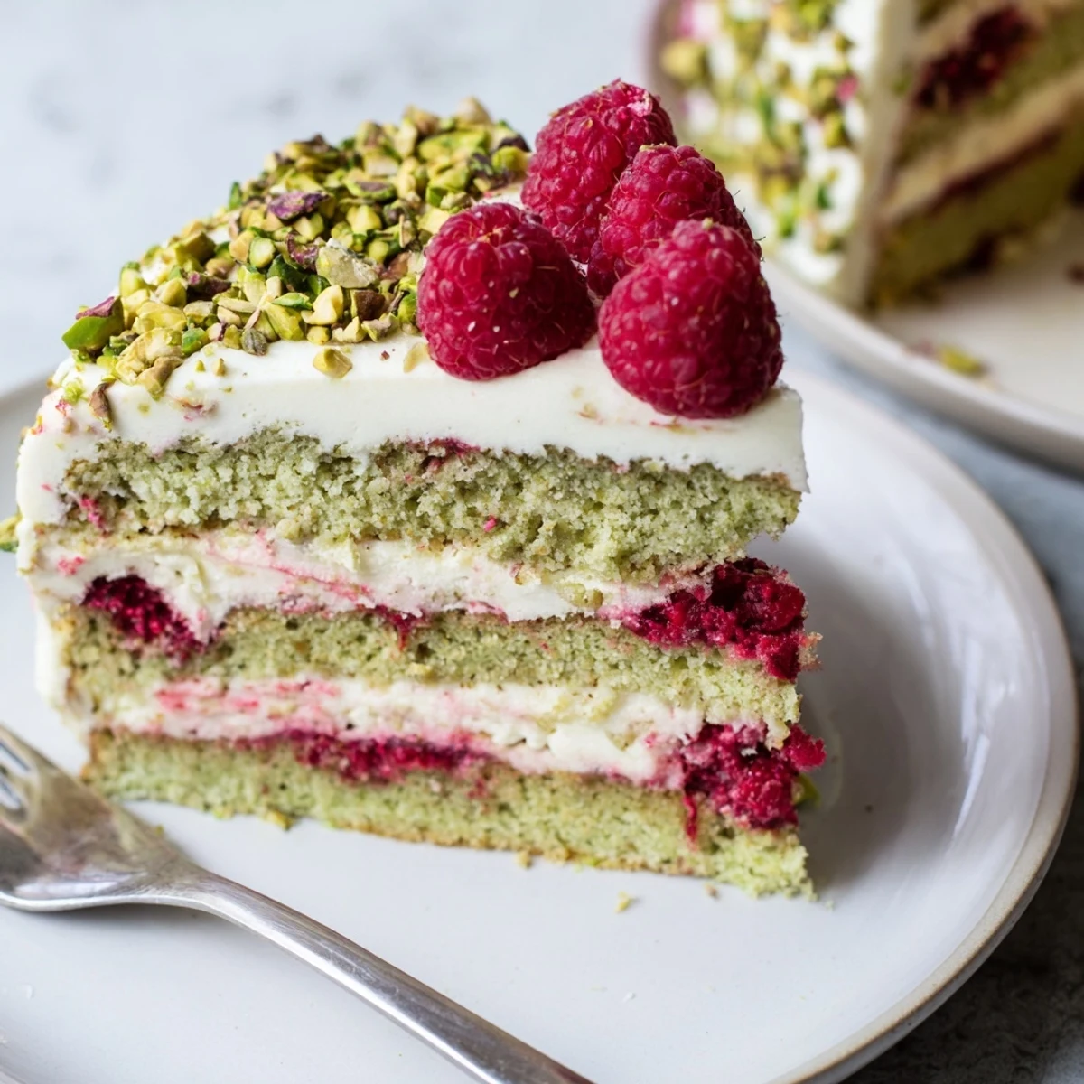 Elegant two-layer pistachio raspberry cake with cream cheese frosting decorated with whole raspberries and pistachio crumbles on a white plate