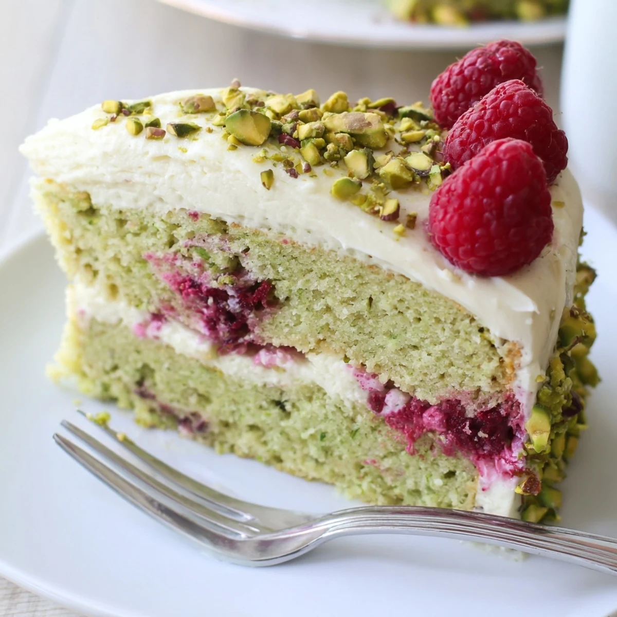 Homemade pistachio raspberry cake showing moist green speckled slices spread with tangy frosting and garnished with vibrant fruit