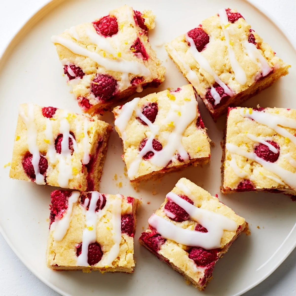 Golden Raspberry Lemon Blondies drizzled with white lemon glaze on a wooden cutting board