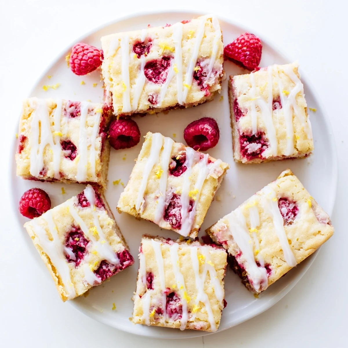 Chewy lemon glazed blondies studded with fresh red raspberries in a parchment-lined baking pan