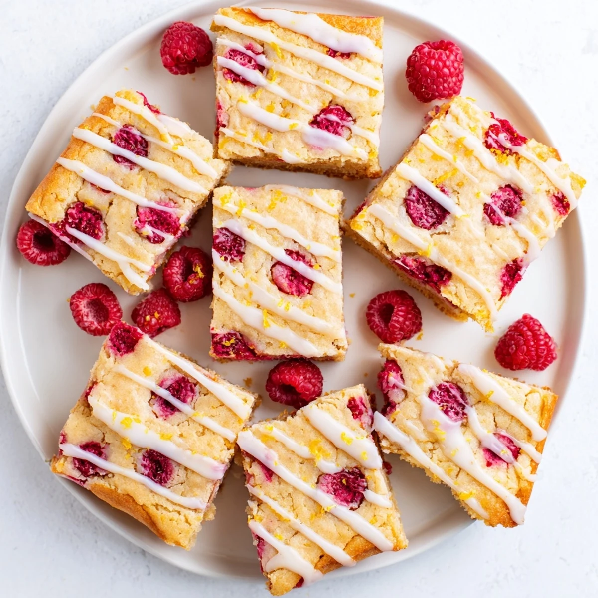 Soft dessert squares topped with zesty icing and scattered raspberries on a white serving plate