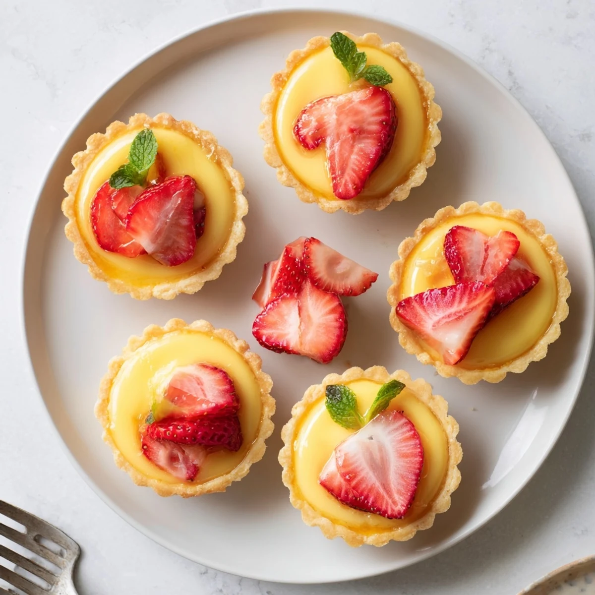 Golden buttery tart shells filled with layers of creamy honey custard and tangy lemon curd topped with fresh red strawberry slices