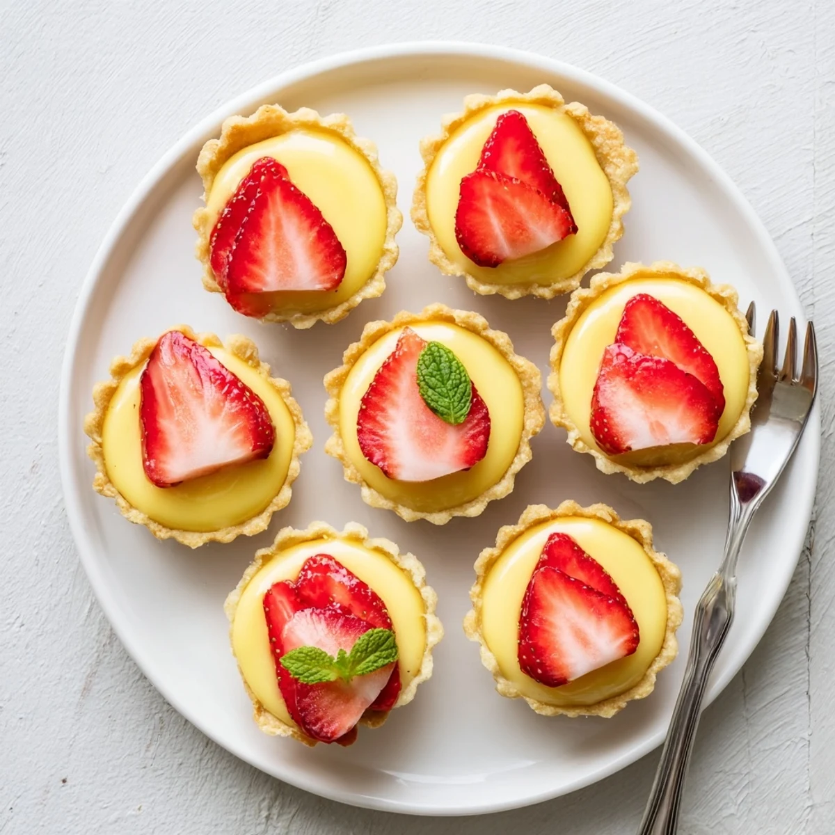 Elegant individual strawberry honey custard tarts featuring silky smooth filling and bright lemon curd garnished with mint