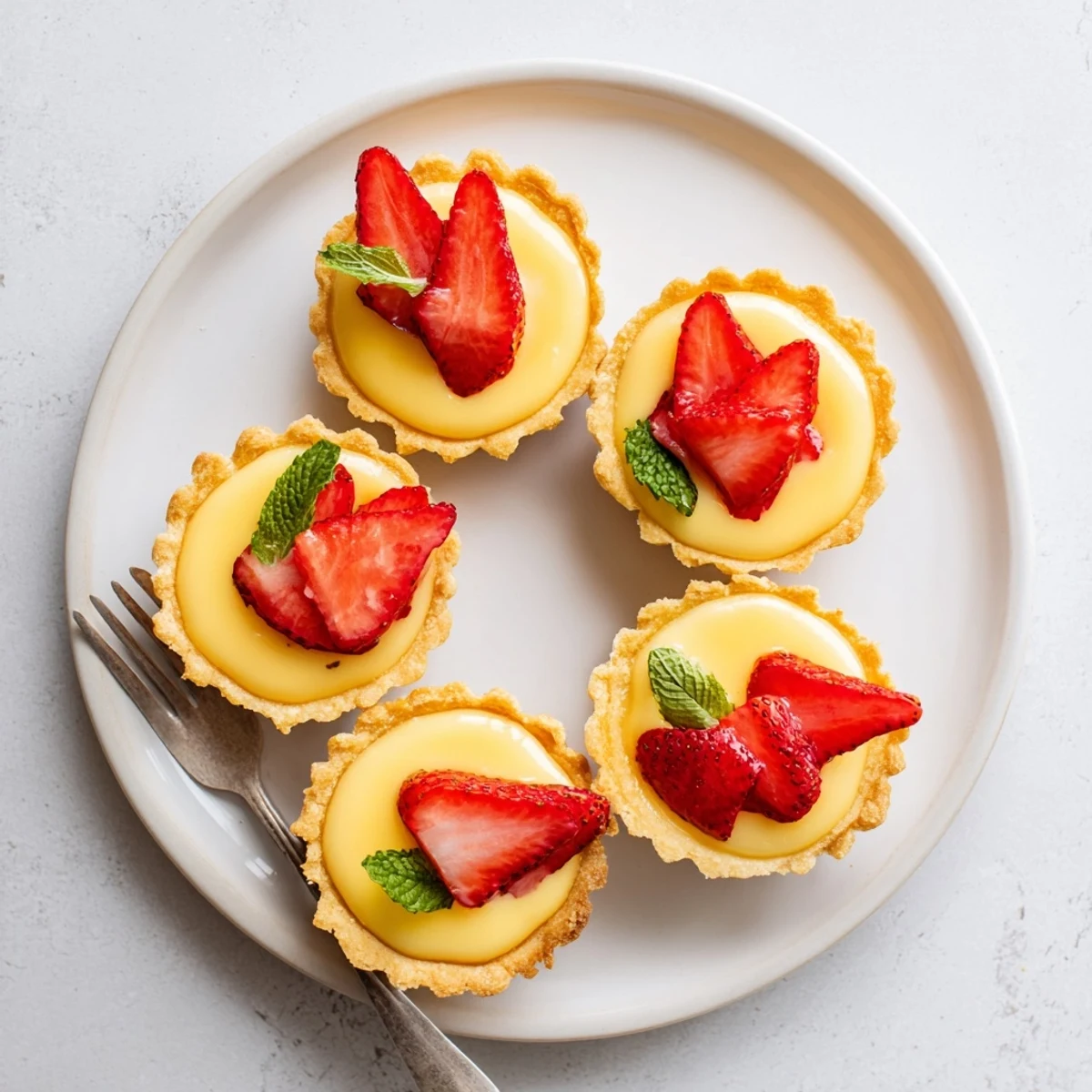 Homemade strawberry honey custard tarts showcasing rich honey vanilla custard beneath zesty lemon curd and ripe summer berries