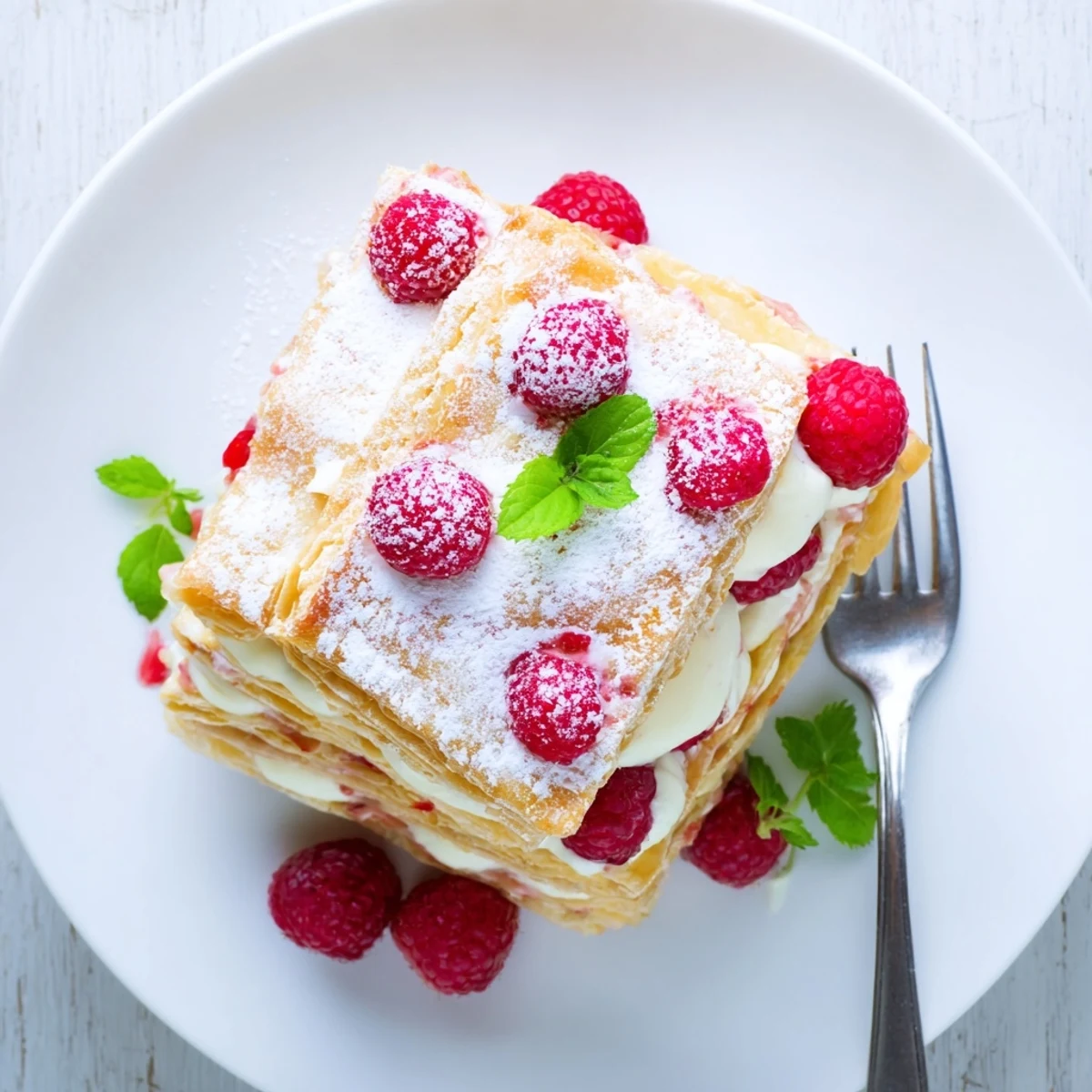 Golden raspberry cream Napoleons layered with vanilla pastry cream and fresh berries on white plate