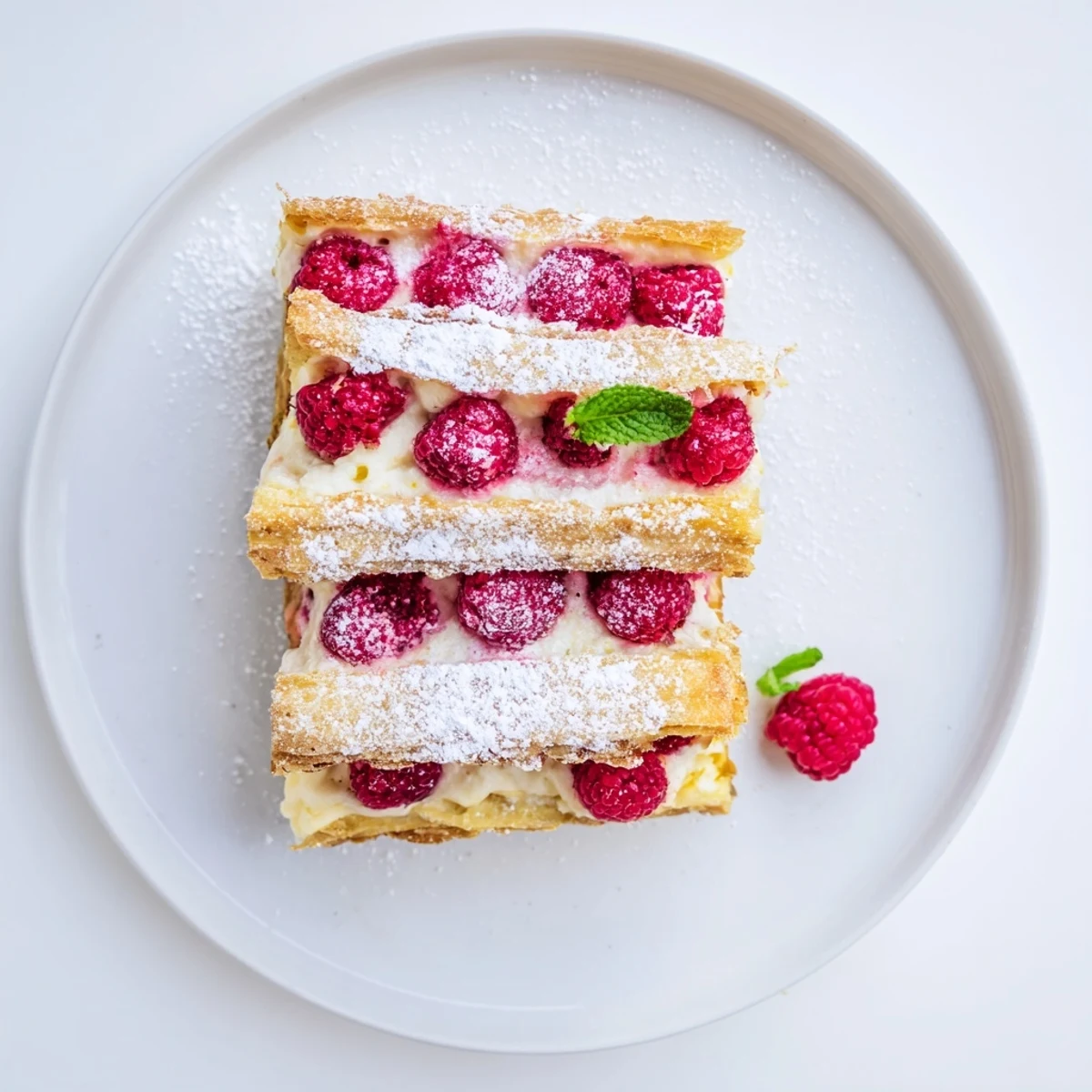 Triple-layer raspberry cream Napoleons topped with powdered sugar and ripe red raspberries on serving plate