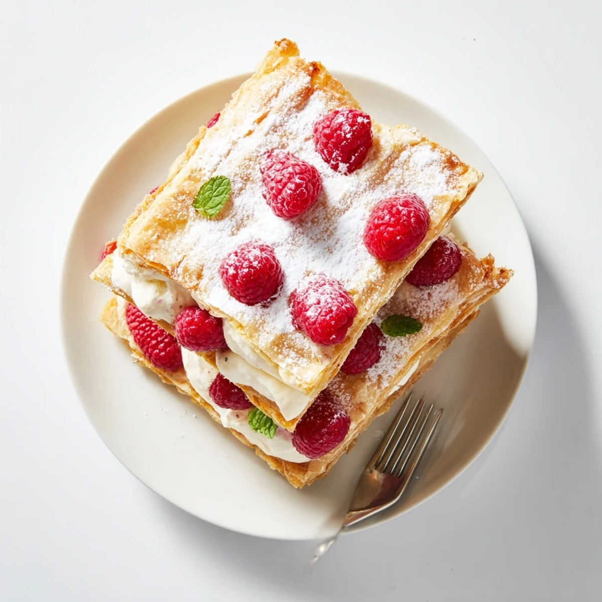 French-style raspberry cream Napoleons featuring crisp puff pastry sandwiching smooth vanilla bean cream