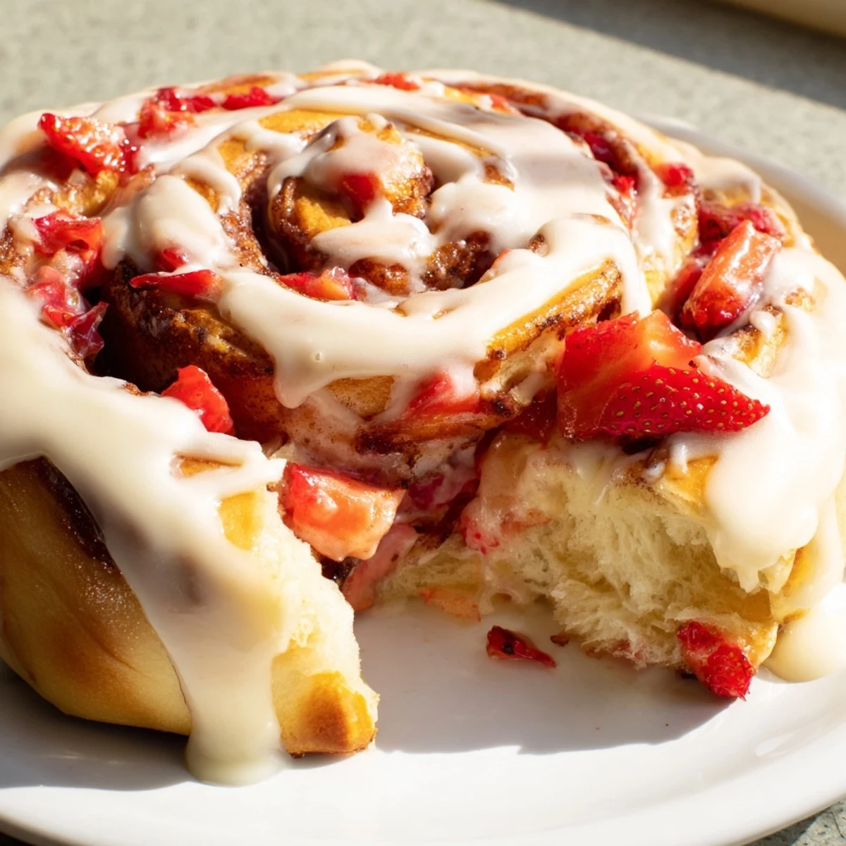 Fresh strawberry cinnamon rolls with cream cheese glaze on a white serving plate