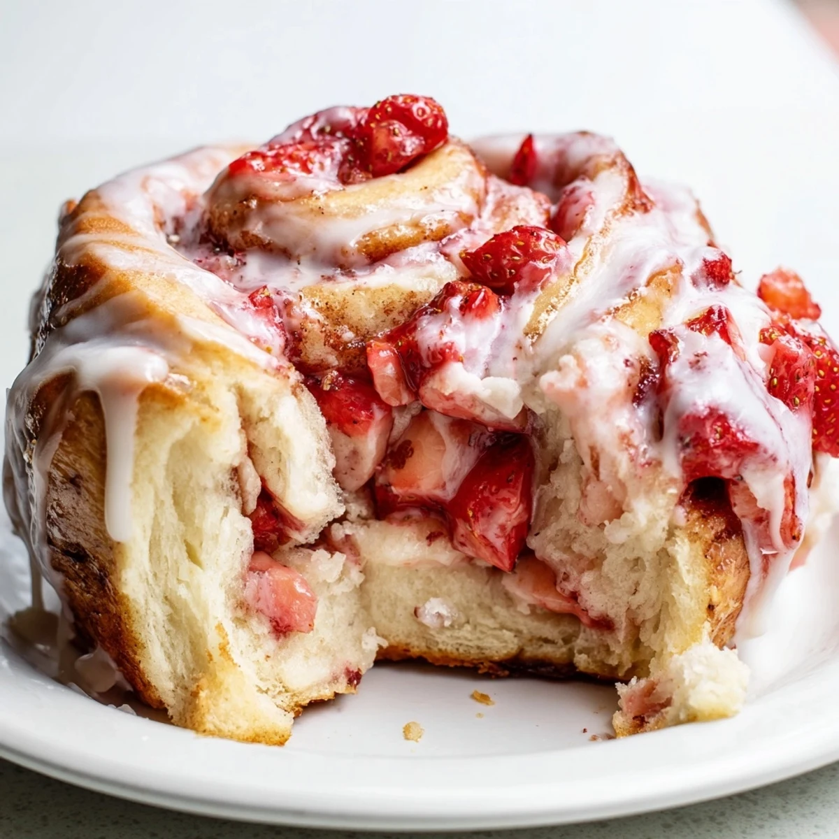 Soft baked strawberry cinnamon rolls topped with vanilla cream cheese glaze and fresh strawberries