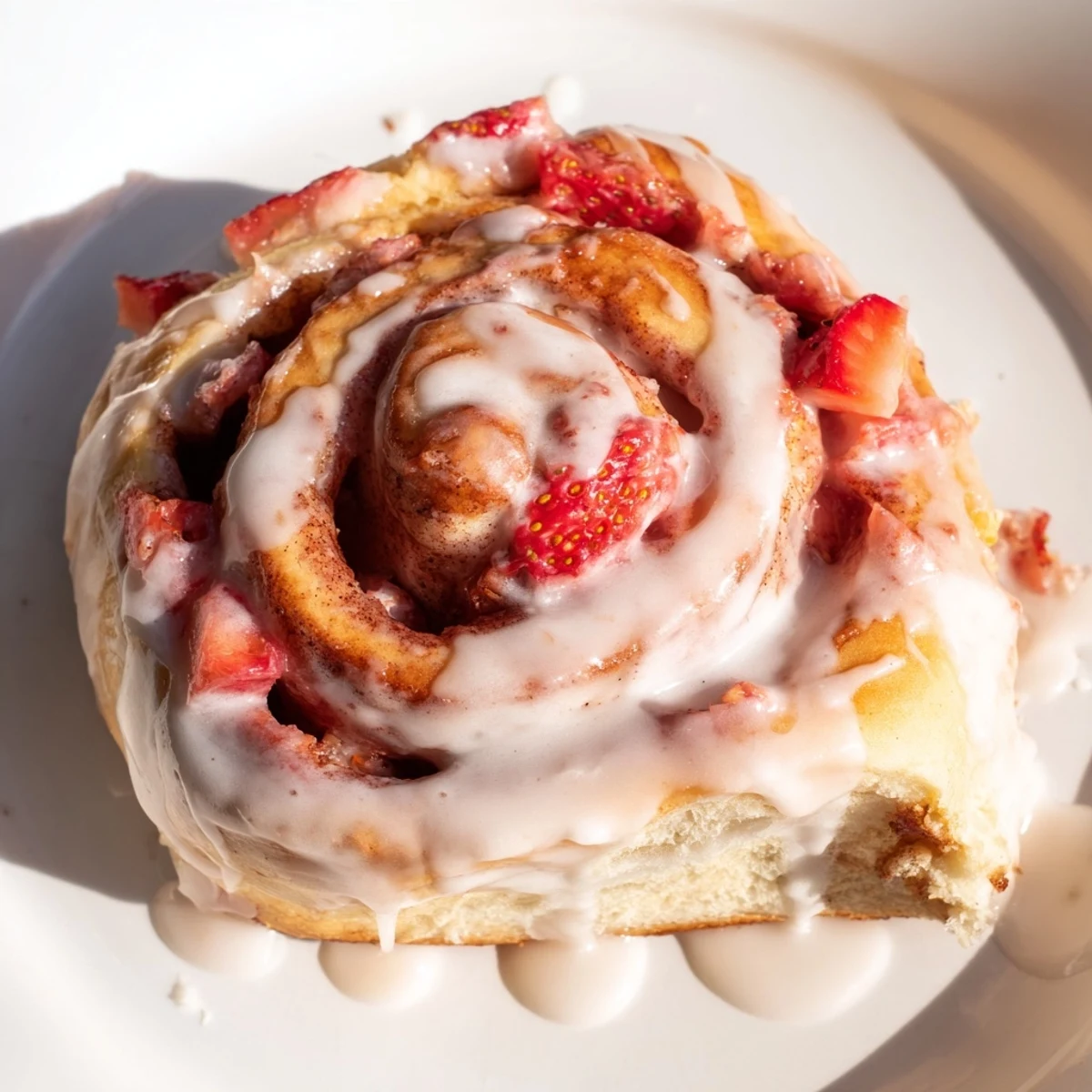 Golden homemade strawberry cinnamon rolls dripping with sweet cream cheese frosting for breakfast