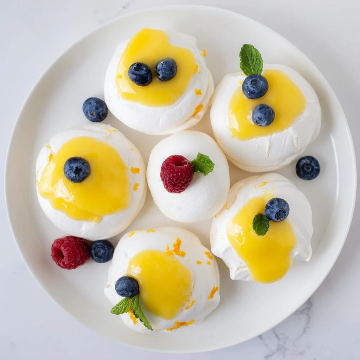 Golden meringues with citrus curd topped with fresh berries and mint on white plate