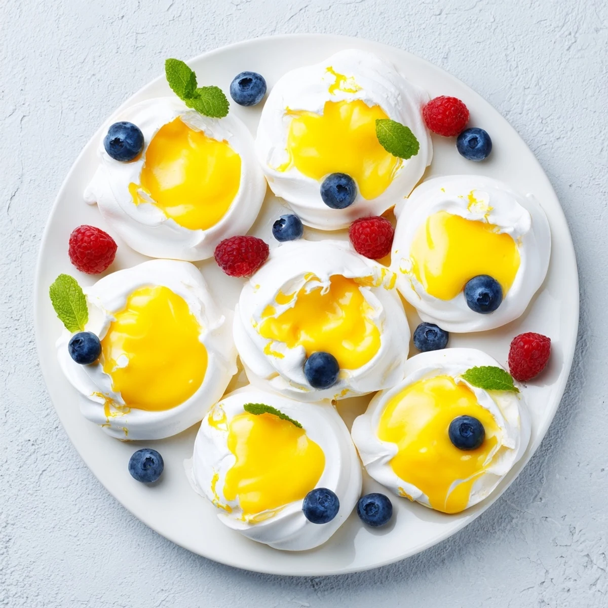 Delicate crisp meringue shells filled with tangy lemon orange curd garnished with edible flowers