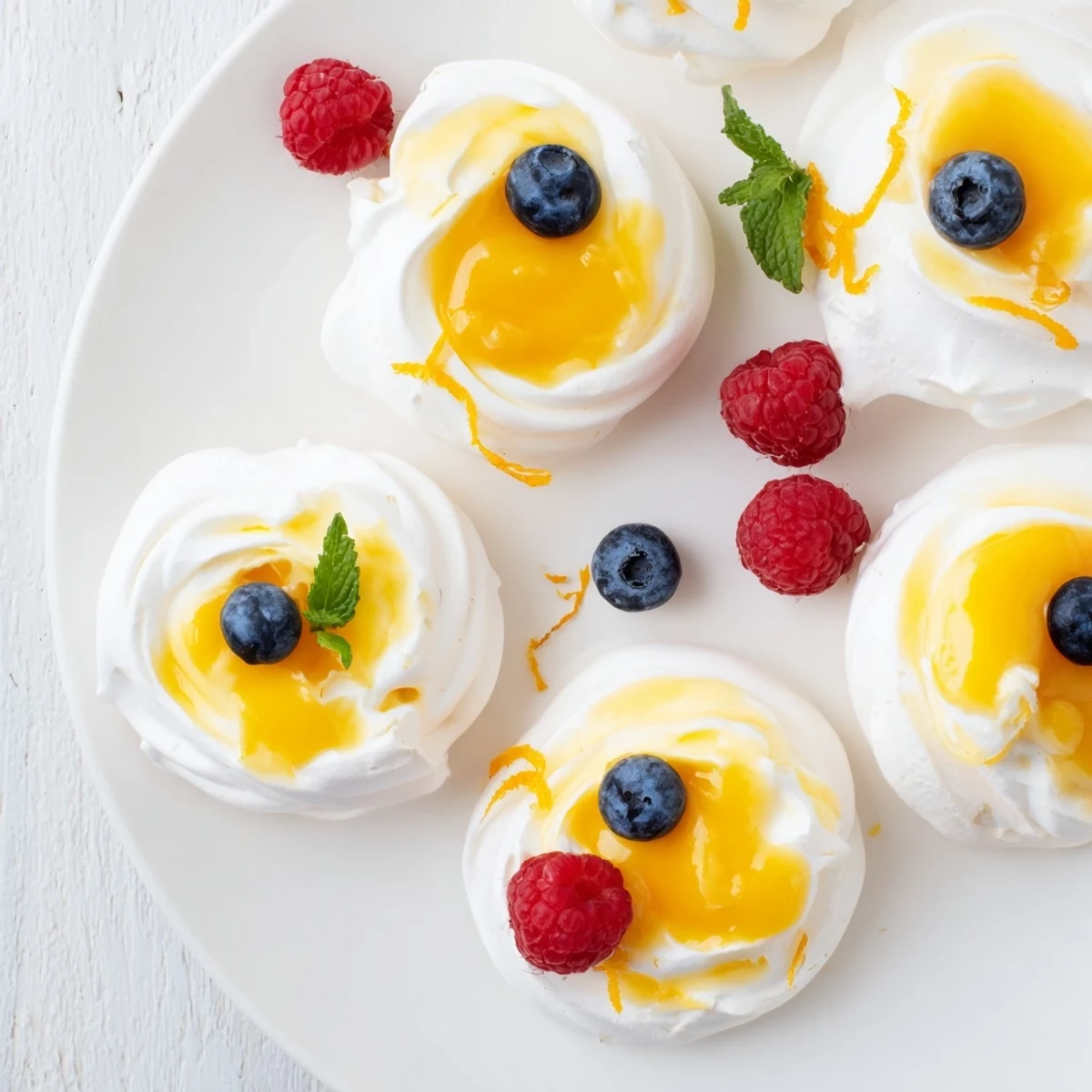 Elegant gluten-free meringues with citrus curd dessert drizzled with vibrant yellow glossy curd