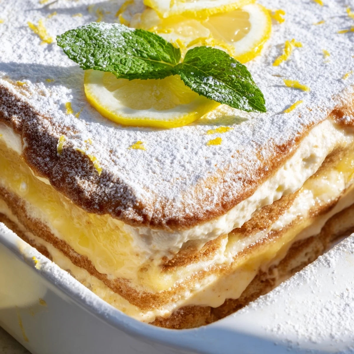 Golden fresh lemon tiramisu dusted with lemon zest and garnished with mint