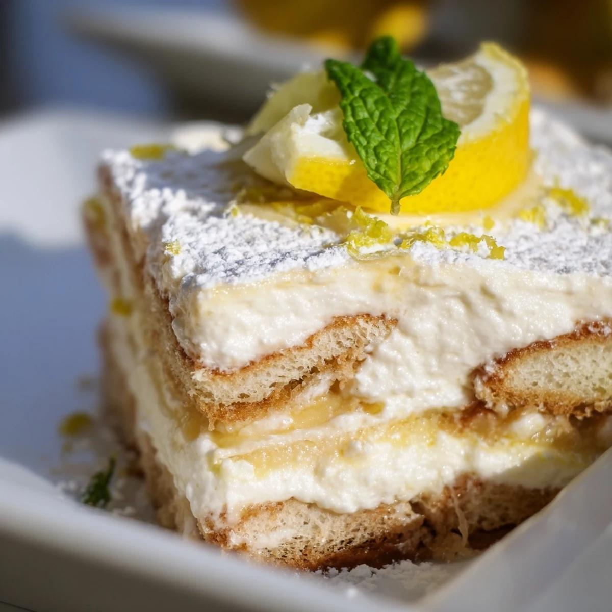 Fresh lemon tiramisu layered with lemon-soaked ladyfingers and creamy mascarpone cream