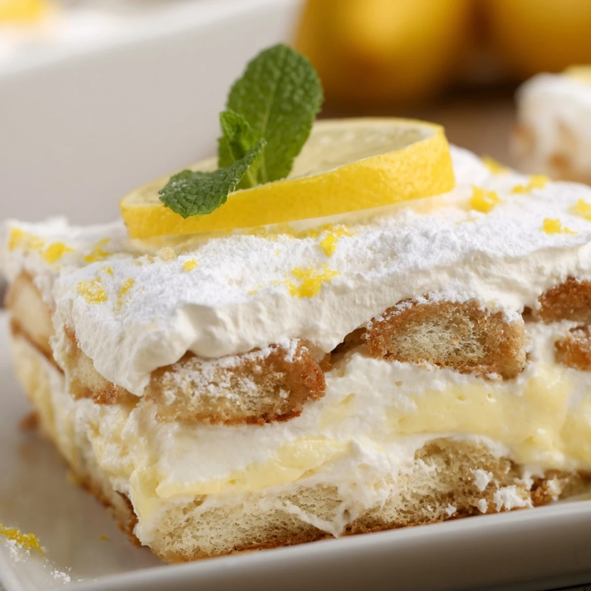 Creamy lemon tiramisu squares with bright citrus layers and white topping