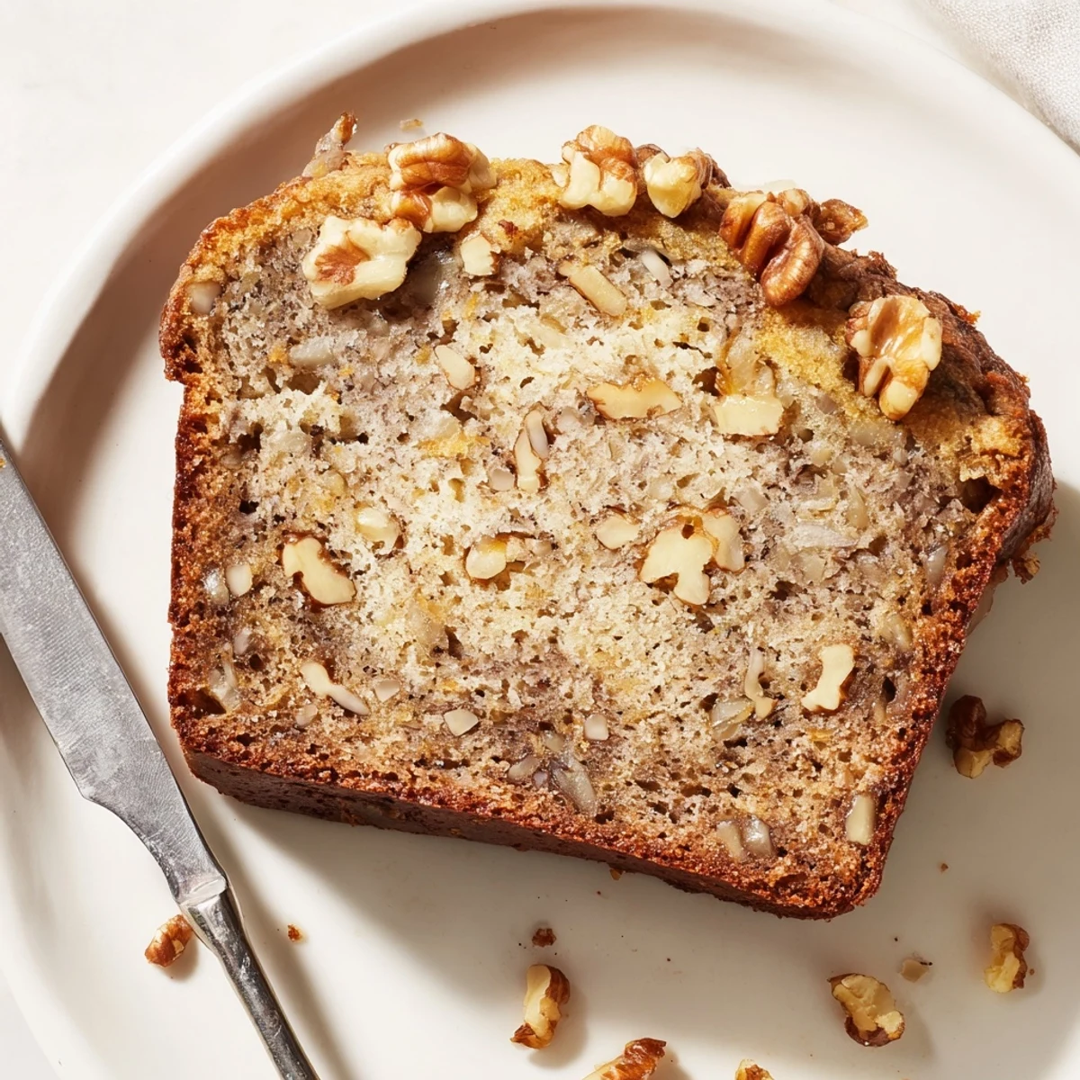 Golden brown ultimate banana nut bread loaf studded with toasted walnuts on a wooden board