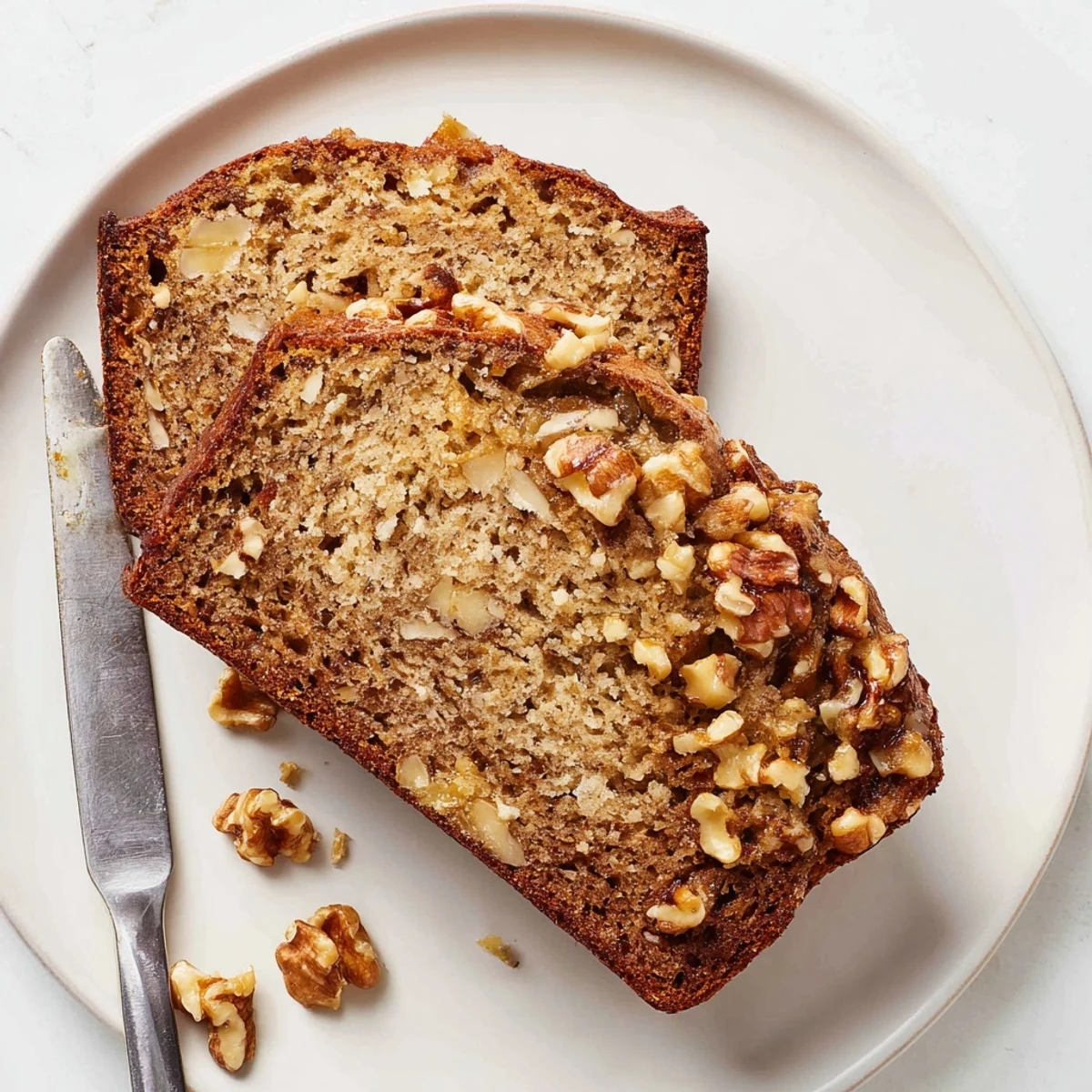 Thick slice of moist ultimate banana nut bread revealing speckled banana interior and crunchy nut pieces