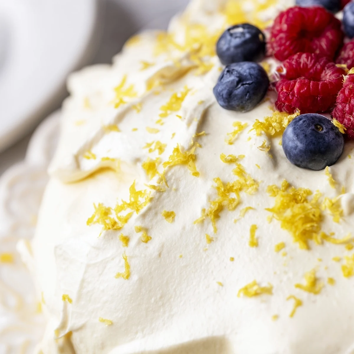Light and fluffy lemon cheesecake mousse dessert garnished with bright lemon zest swirls