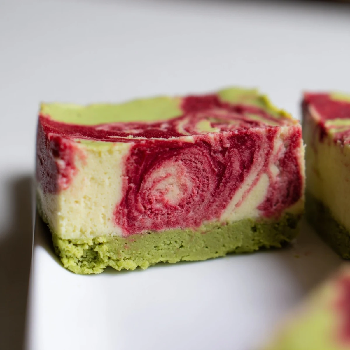 Golden matcha shortbread bars topped with creamy vanilla filling and vibrant red strawberry swirls