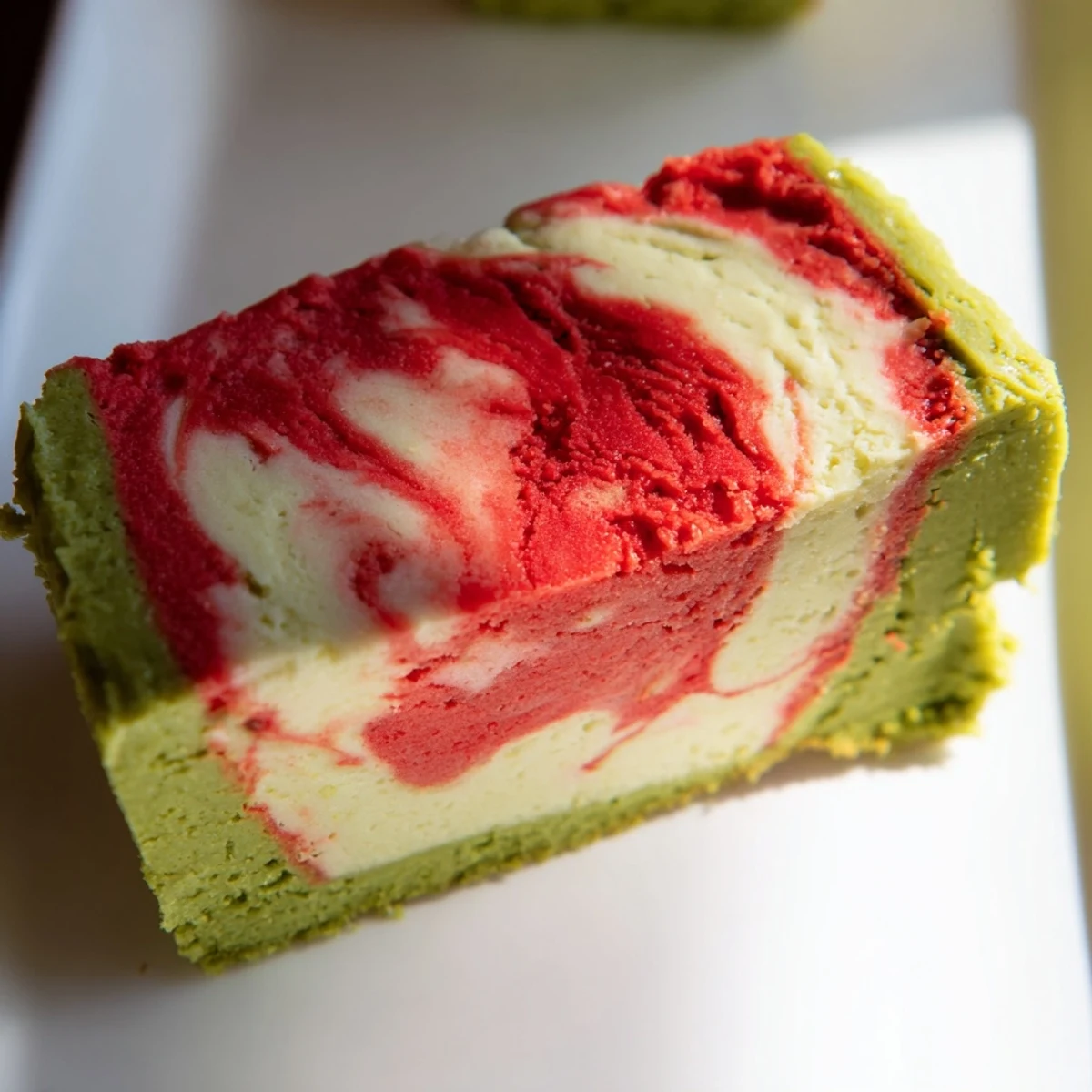 Luscious matcha strawberry cream bars featuring green tea crust and marbled berry topping