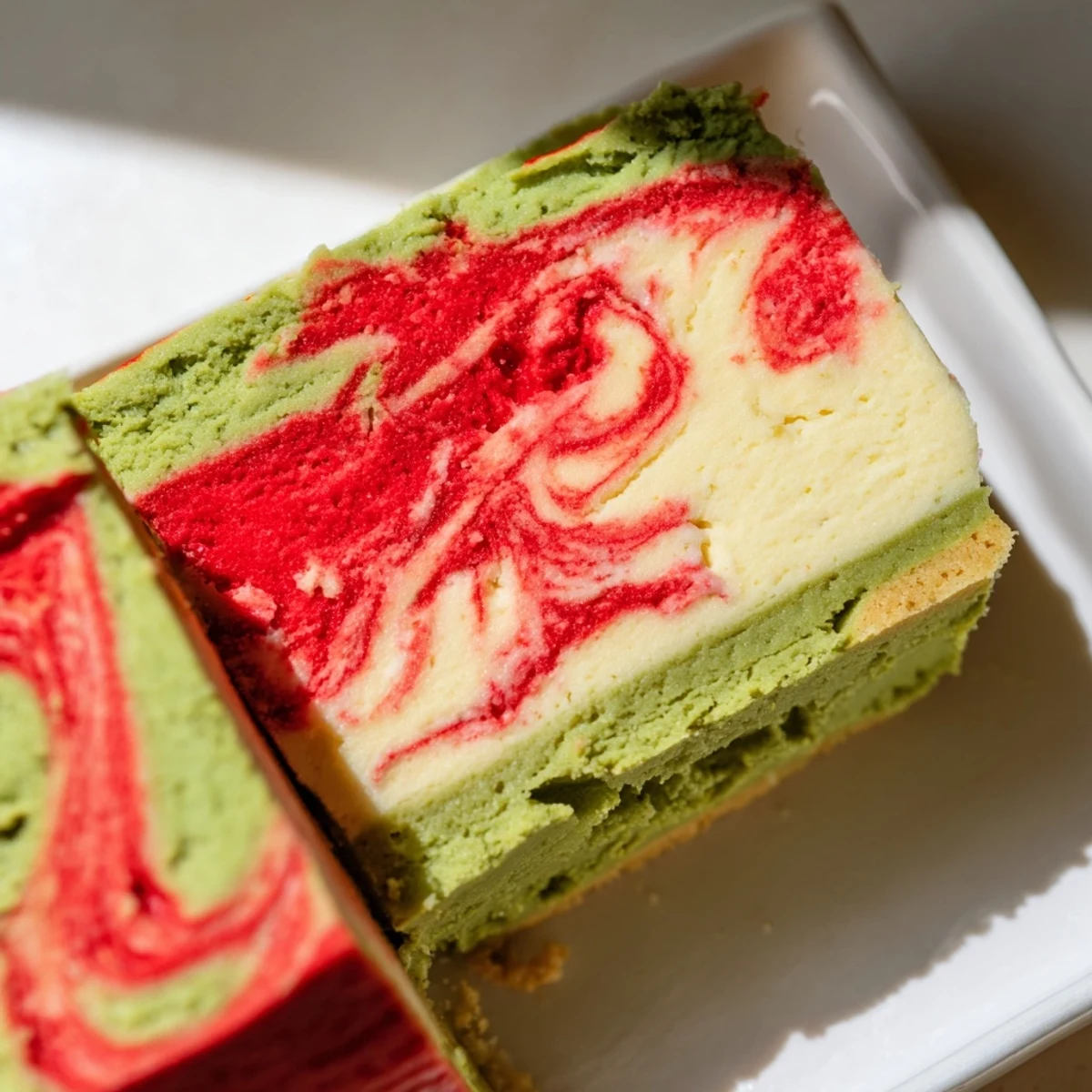 Delicate green tea shortbase bars with smooth cream cheese layer and fresh strawberry ribbons