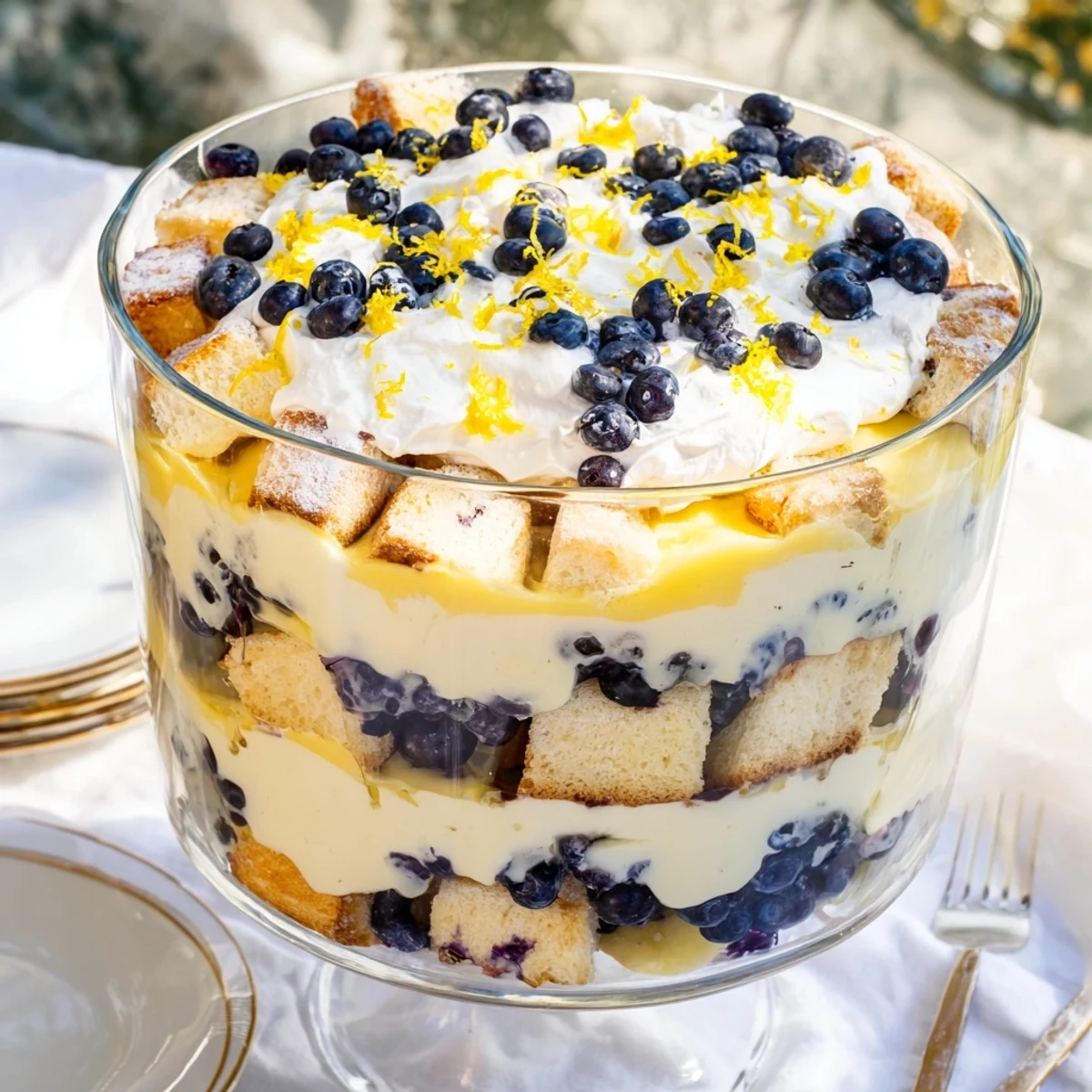 Glass trifle bowl showcasing layered lemon blueberry trifle with fluffy whipped cream and fresh blueberries