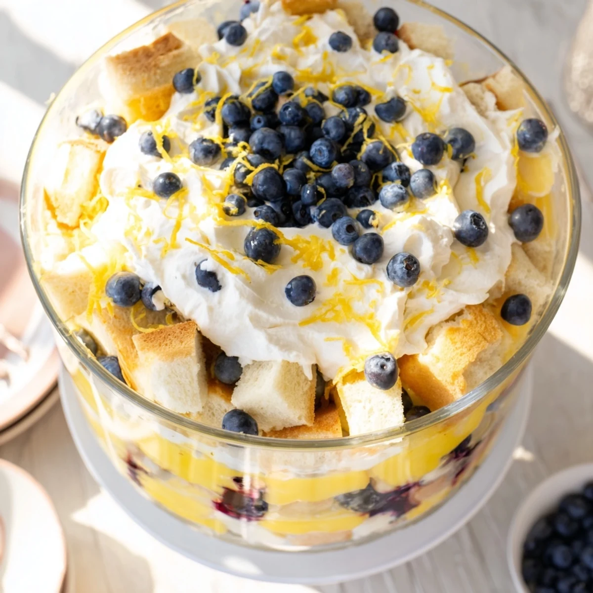 Summer dessert featuring easy lemon blueberry trifle with zesty lemon curd and soft sponge cake cubes