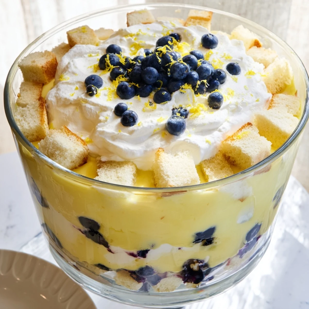 Elegant layered easy lemon blueberry trifle topped with lemon zest and plump juicy blueberries