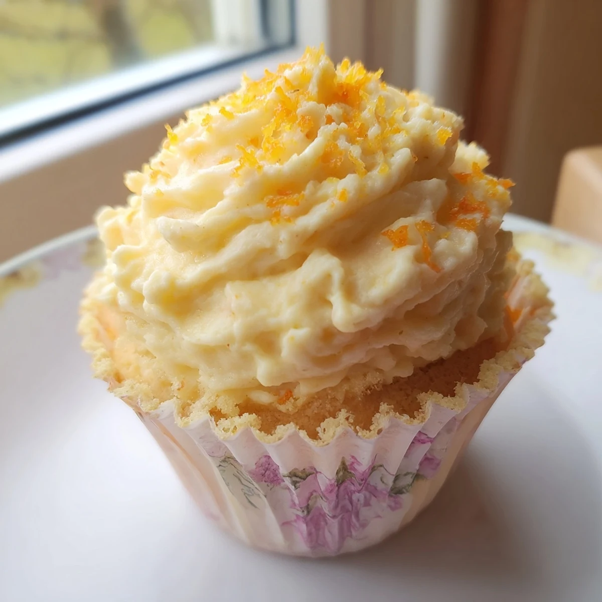 Light spring cupcakes featuring orange blossom water frosting on a rustic wooden serving board
