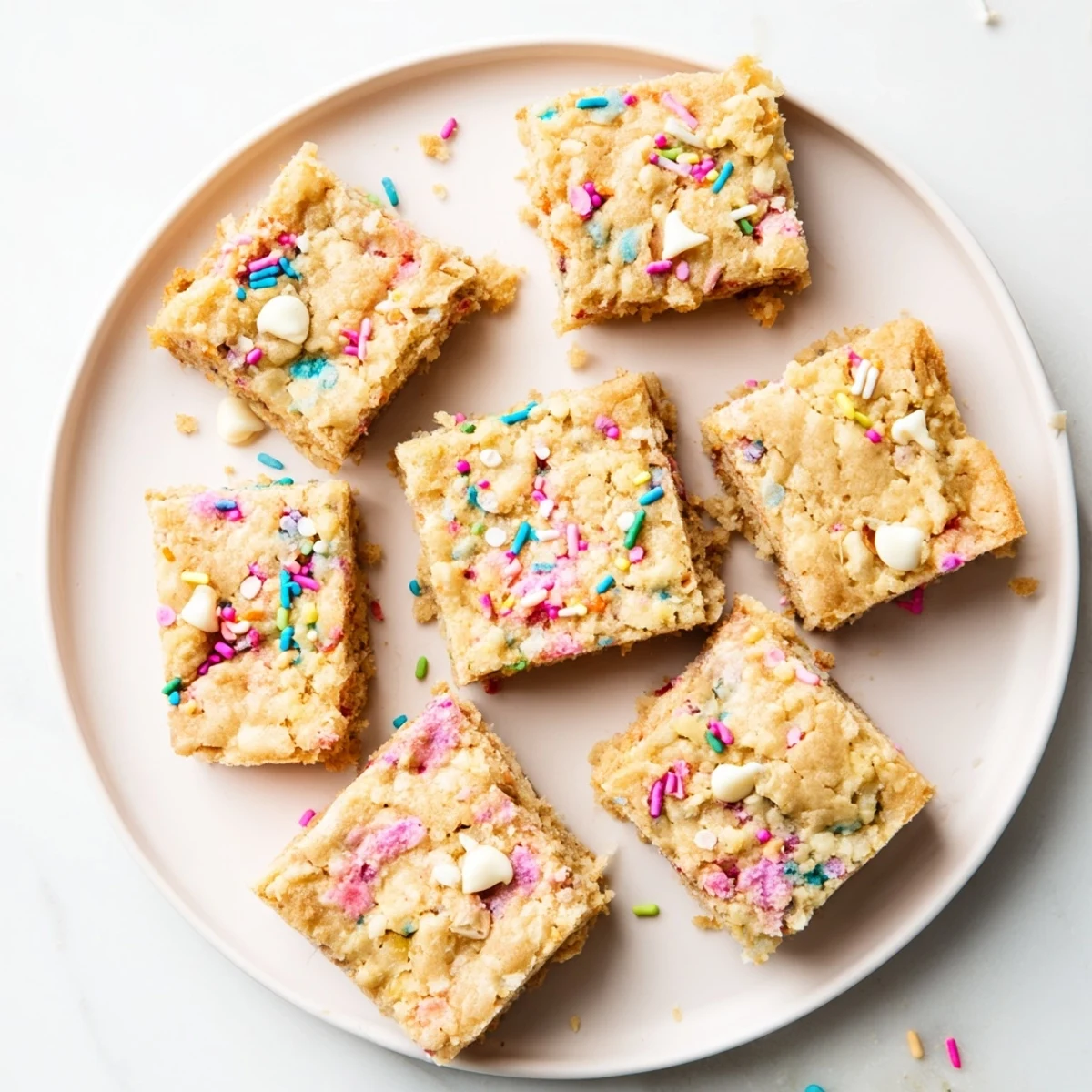 Golden Spring Funfetti Blondies topped with vibrant rainbow sprinkles on a white plate