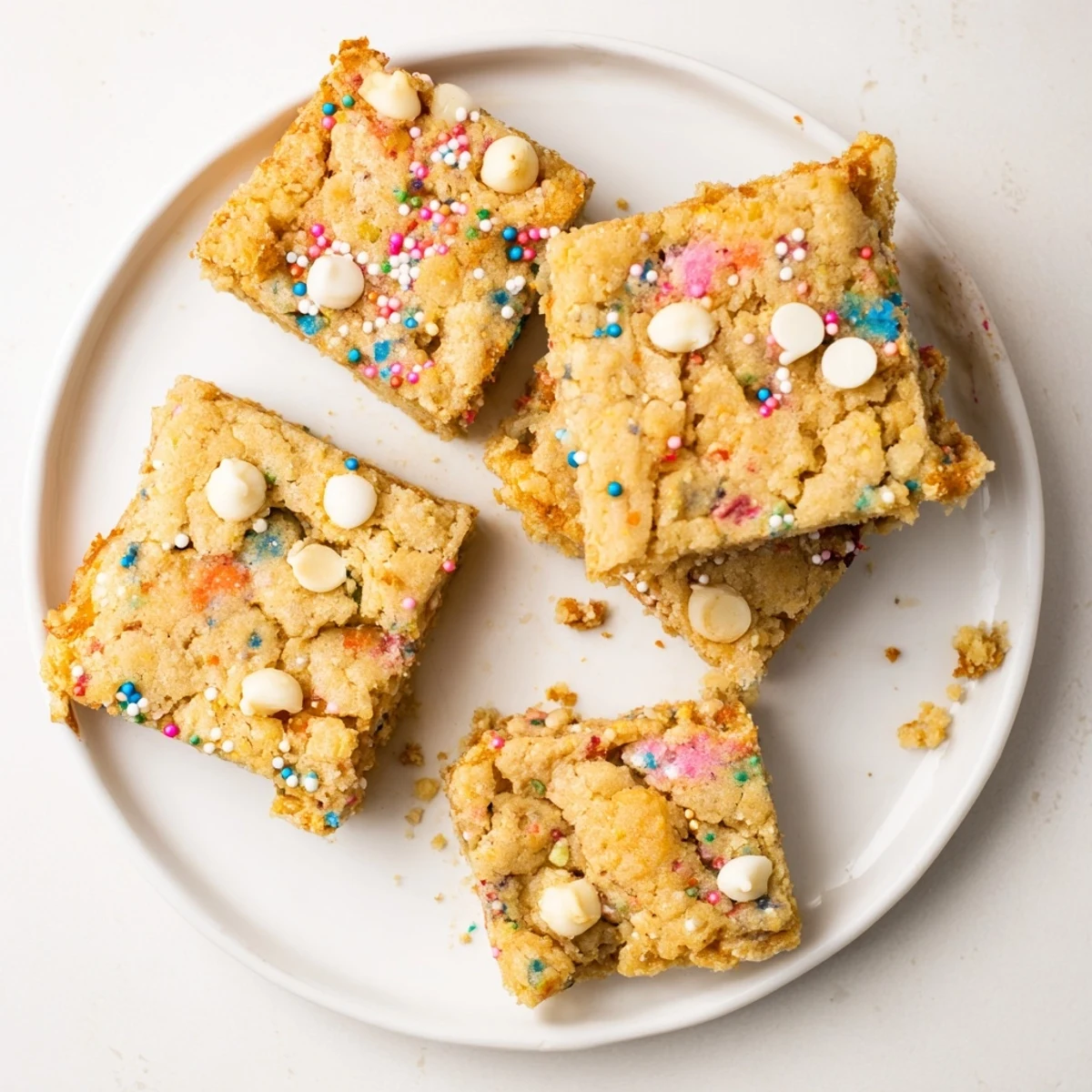 Freshly baked Funfetti blondies with soft texture and cheerful speckled rainbow coating